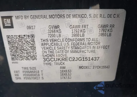 2018 Chevrolet Silverado 1500 2Lt из США, поврежденный, VIN 3GCUKREC2JG151437